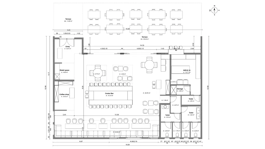 Restaurant 2D floor plan with dimensions designed with Cedreo