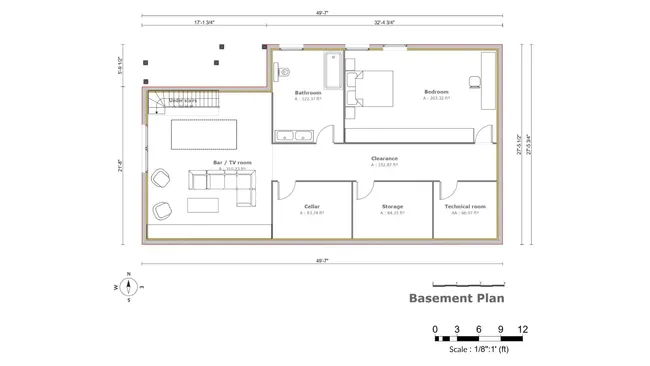 2D scaled floor plan of a basement designed with Cedreo