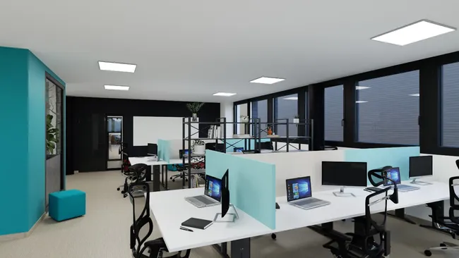 3D render of an open space of cedreo's office designed with Cedreo