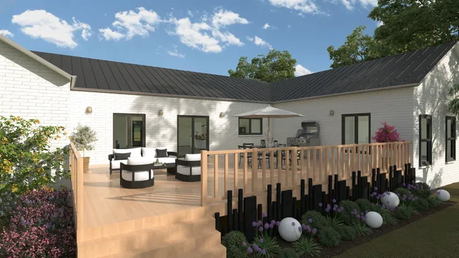 3D render of a farhouse with deck designed with Cedreo