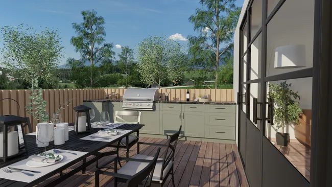 3D render of a deck with ourdoor kitchen designed with Cedreo
