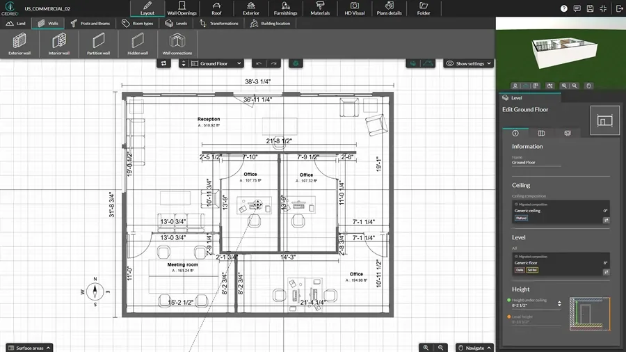 screenshot of cedreo software - draw commercial spaces