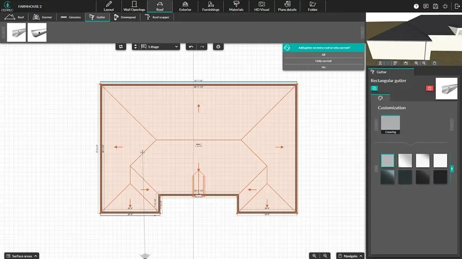 screenshot Cedreo software - roof and gutters