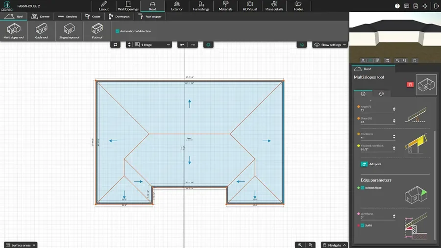 screenshot Cedreo software - roof parameters