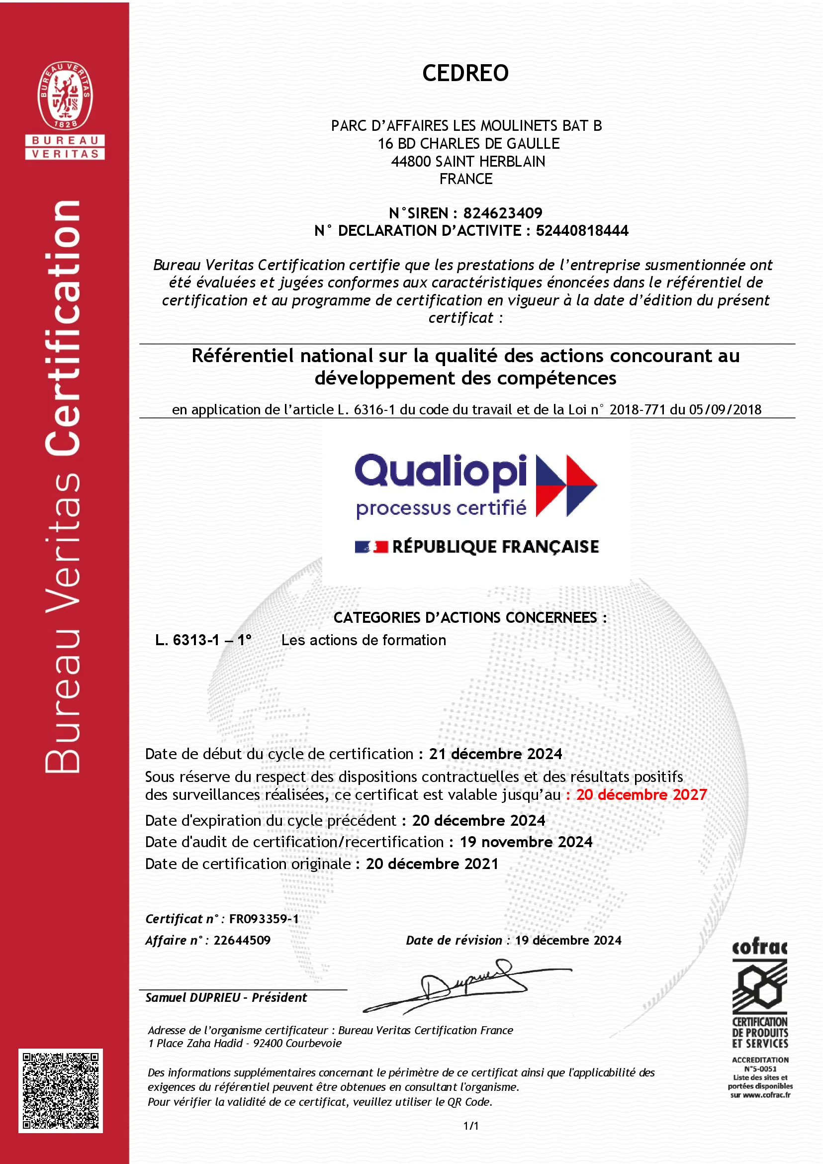 Certificat qualiopi formations Cedreo