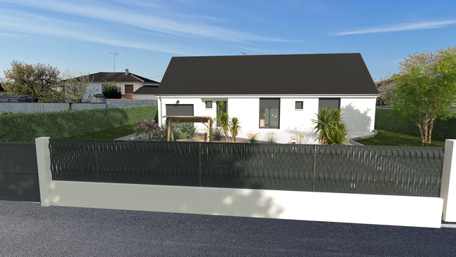 Rendu avec insertion paysagère d'un maison individuelle plein pied neuve Réalisé avec le logiciel Cedreo