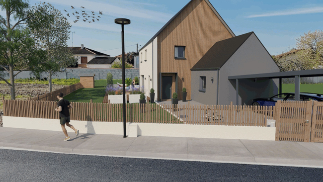 Rendu avec insertion paysagère d'une construction neuve de maison individuelle réalisé avec Cedreo