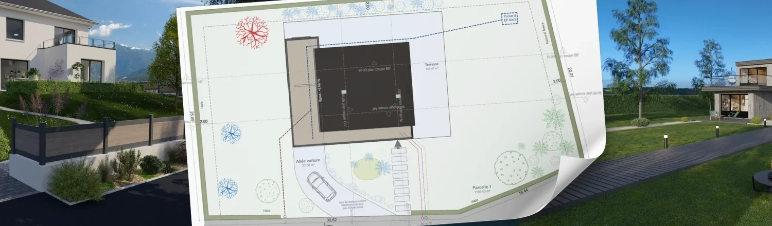 Plan de masse et Rendus 3D extérieur illustrant les limites séparative d'un terrain avec le logiciel Cedreo
