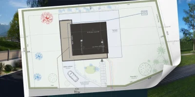 Plan de masse et Rendus 3D extérieur illustrant les limites séparative d'un terrain avec le logiciel Cedreo