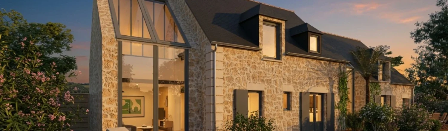 Rendu 3D photoréaliste extérieur d'une maison en pierre ancienne en rénovation réaliser avec Cedreo