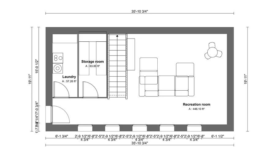 2D floor plan of a basement with laundry room drawn with Cedreo