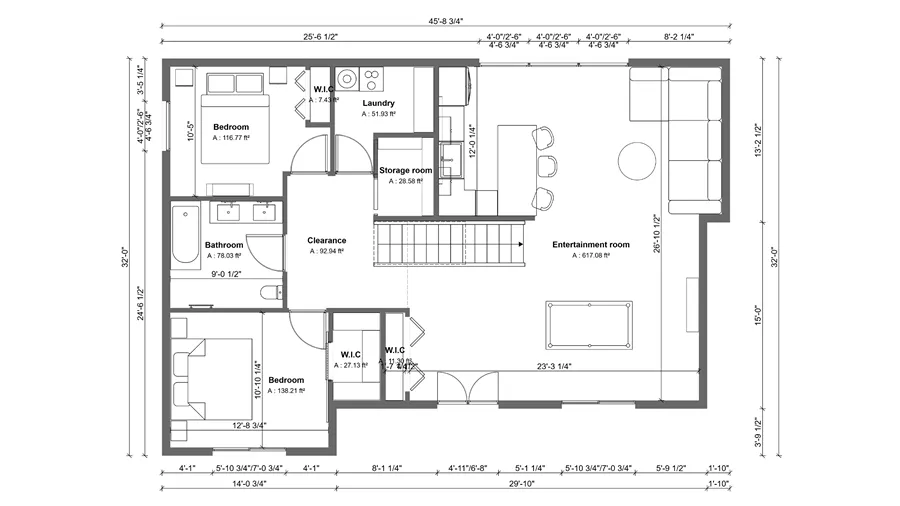 2D basement floor plan with dimensions drawn with Cedreo