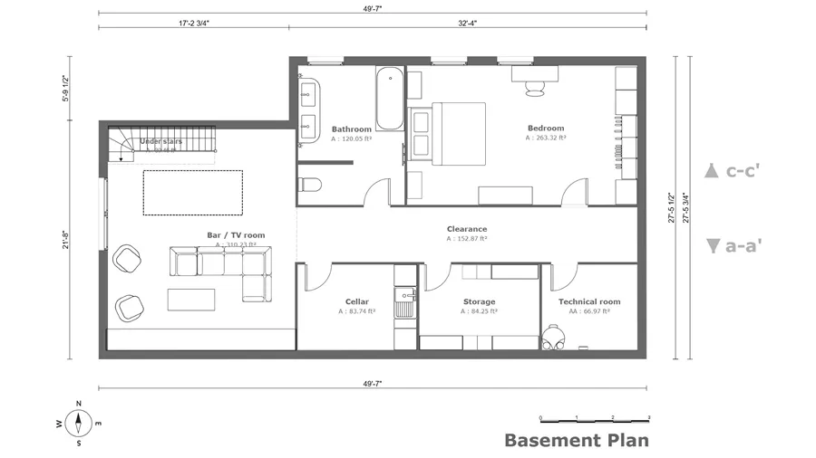 Basement 2D floor plan with storage and technical rooms designed with Cedreo