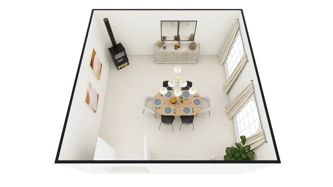 3D floor plan of a dining room in neutral tones designed with Cedreo