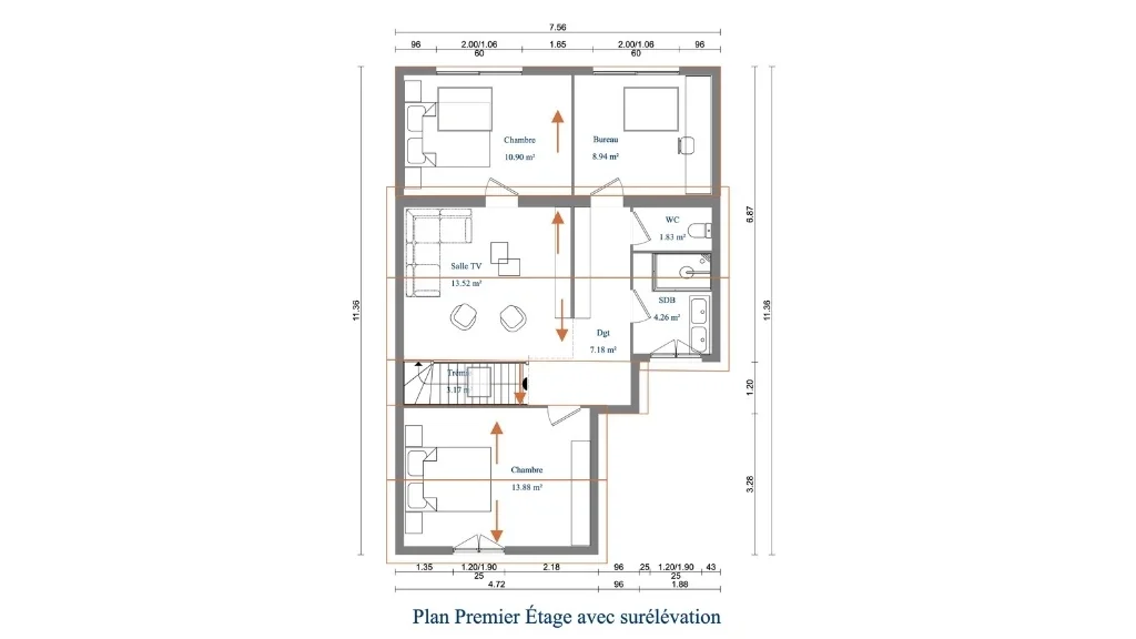 Plan 2D d'un étage de maison individuelle avec surélévation par Cedreo
