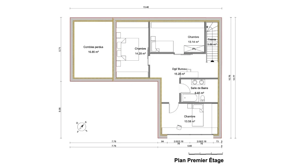 Plan d'étage en 2D avec combles aménagés réalisé avec Cedreo