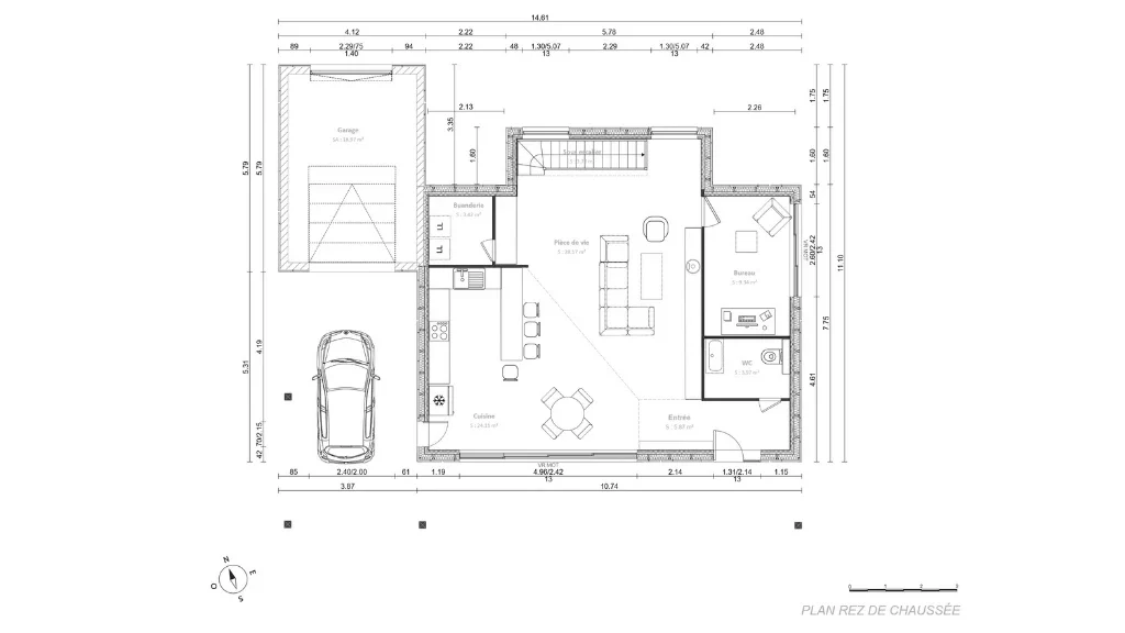 Plan de niveau RDC en 2D d'un maison individuelle moderne réalisé avec le logiciel Cedreo