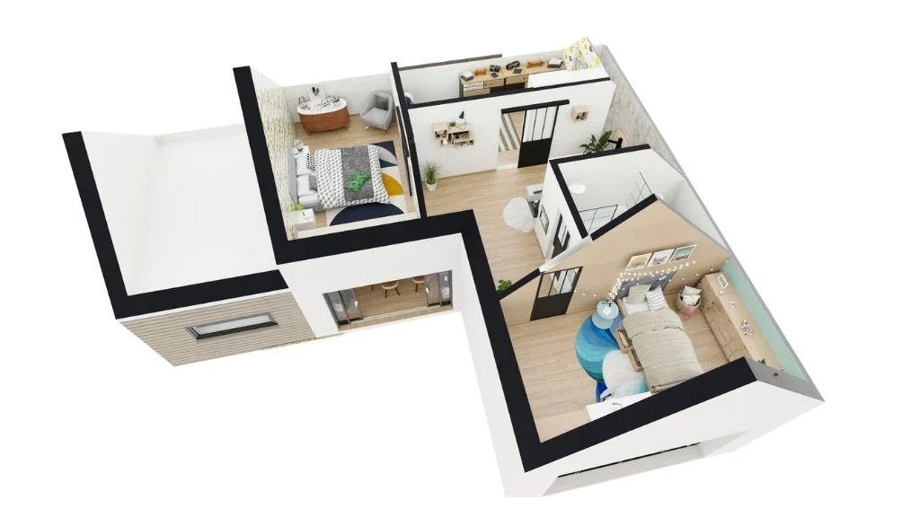 Plan 3D axonométrique d'un étage avec combles aménagés réaliser avec Cedreo