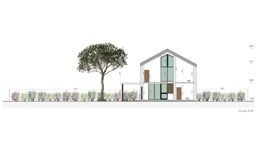 Plan de coupe BB d'une maison contemporaine à deux niveaux réalisé avec Cedreo