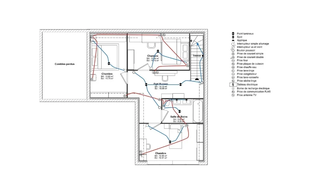 Plan électrique d'étage combles aménagés réalisé avec le logiciel Cedreo