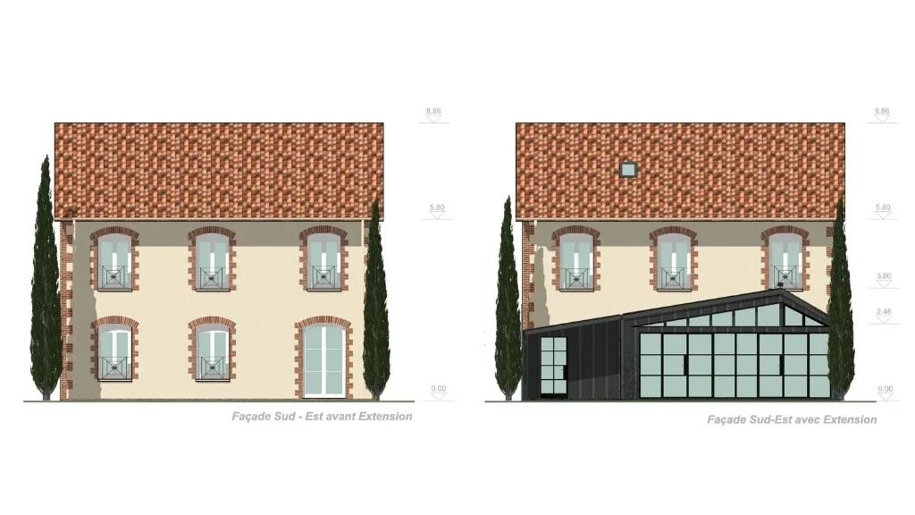 Plans de façades avant/après son extension véranda par Cedreo