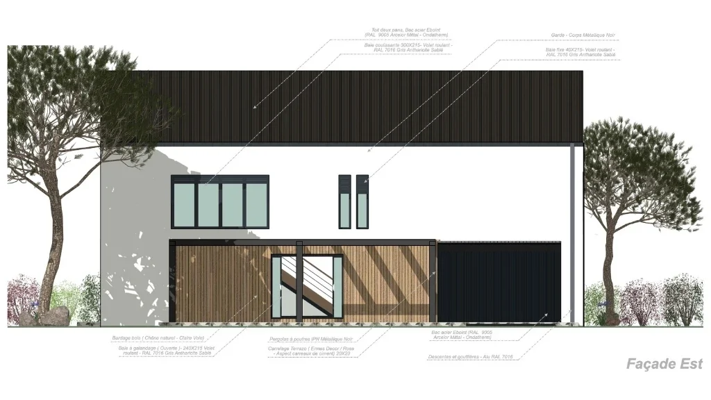 Plan de Façade face Est d'une maison contemporaine réalisé avec Cedreo