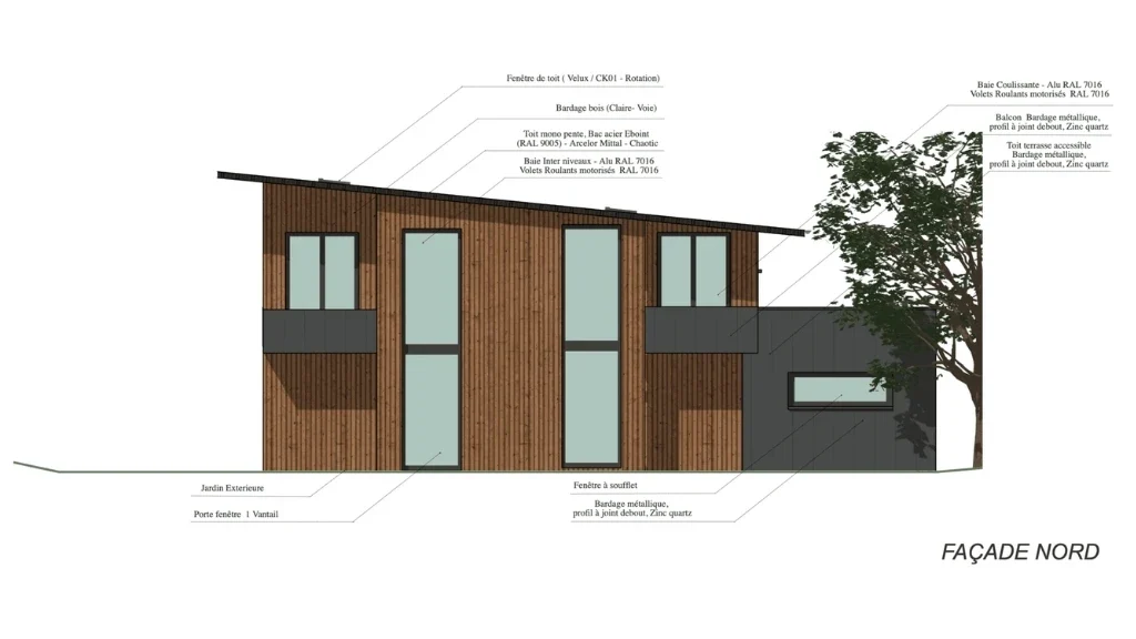 Plan de façade face Nord Maison moderne bardage bois réalisé par Cedreo