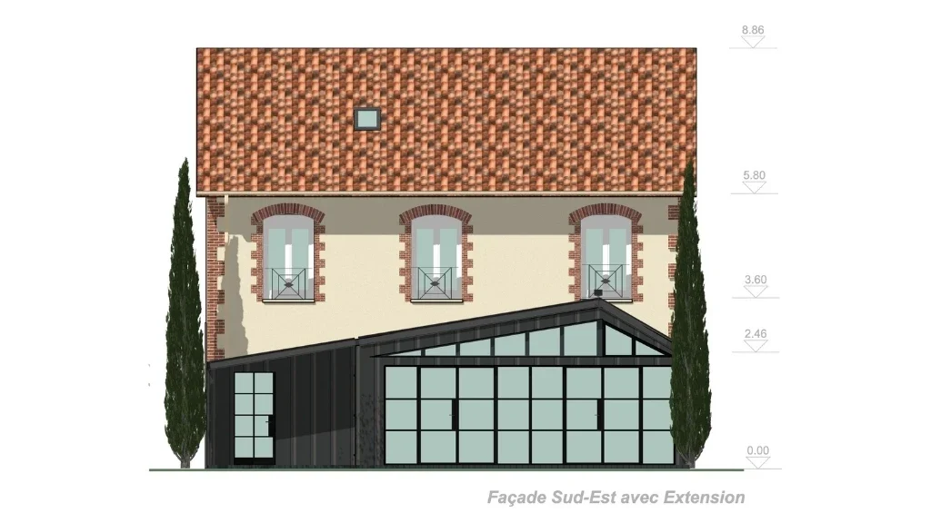 Plan de façade Face Sud Maison mitoyenne après extension par Cedreo
