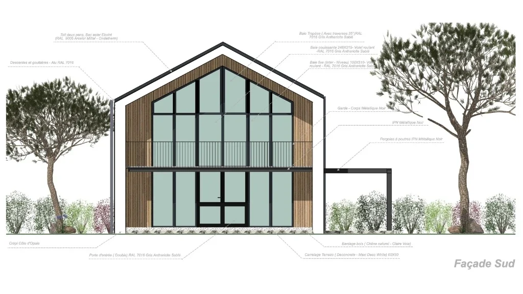 Plan de façade face Sud d'une maison contemporaine avec annotations réaliser avec Cedreo