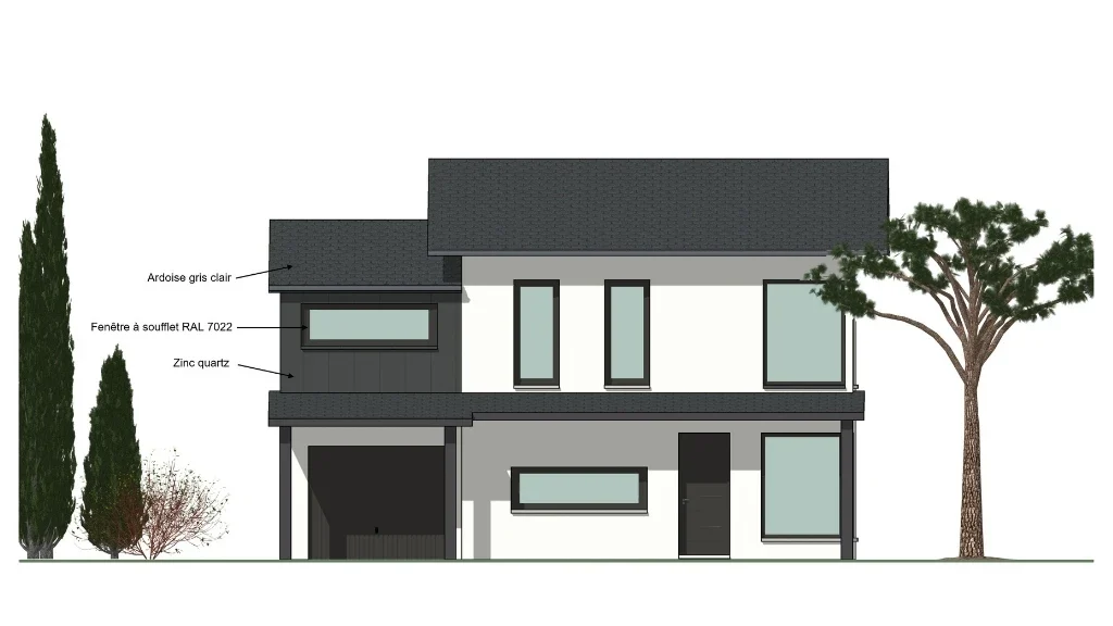 Plan de façade d'une maison individuelle avec surélévation au dessus du garage réalisé avec Cedreo