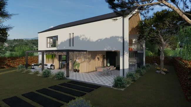 Rendu 3D d'une façade Ouest pour une maison individuelle contemporaine réaliser avec le logiciel Cedreo