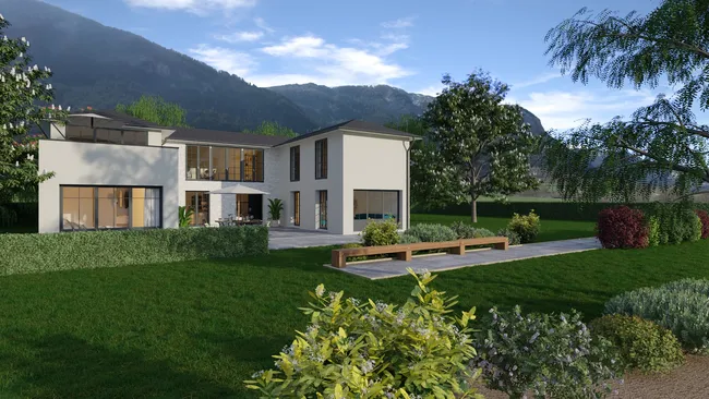 Rendu 3D d'une maison individuelle avec jardin aménagé par des haies réaliser avec le logiciel Cedreo