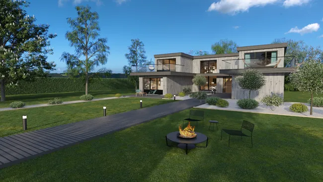 Rendu 3D extérieur d'une maison individuelle moderne avec haies végétales n limite séparatives réalisé avec le logiciel Cedreo