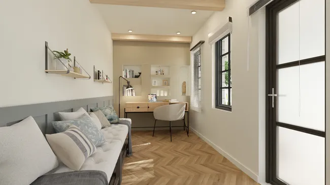 Rendu 3D d'une extension pur un bureau conçu avec le logiciel Cedreo