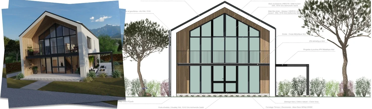 Rendu 3D d'une maison Architecturale illustré par un plan de façade réalisé par Cedreo