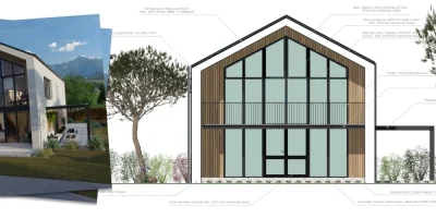 Rendu 3D d'une maison Architecturale illustré par un plan de façade réalisé par Cedreo