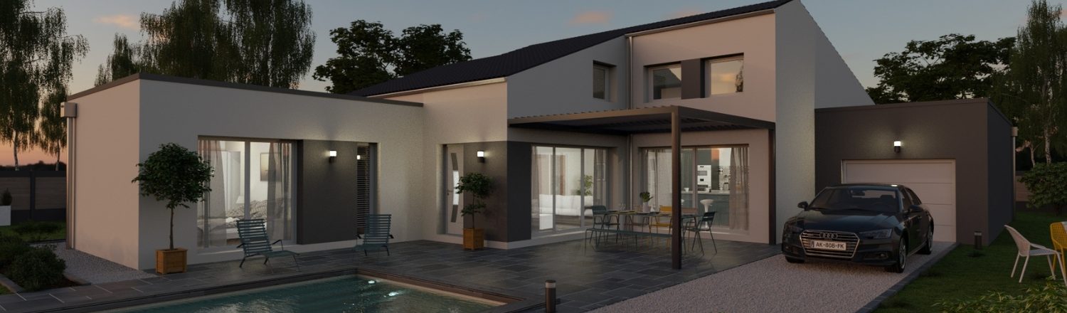 Rendu 3D extérieur d'une maison moderne au soleil couchant avec une extension, une terrasse et une piscine réaliser avec le logiciel Cedreo