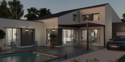 Rendu 3D extérieur d'une maison moderne au soleil couchant avec une extension, une terrasse et une piscine réaliser avec le logiciel Cedreo