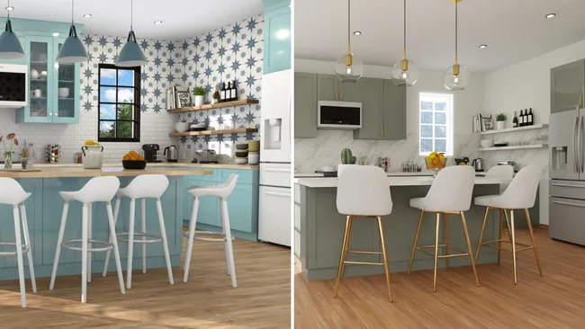 Before - after 3D render of a kitchen remodel by Cedreo