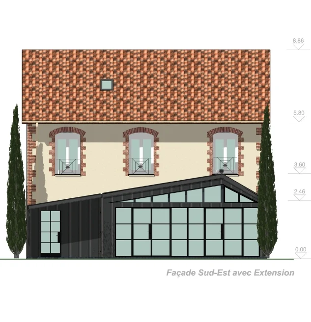 Plan de façade d'une maison mitoyenne avec extension en véranda réalisé avec Cedreo