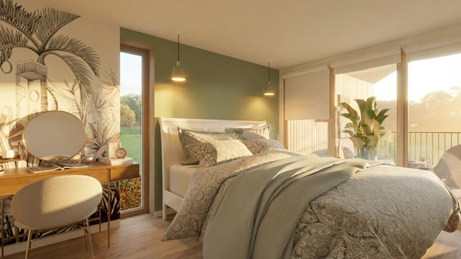 Rendu 3d intérieur d'une chambre parentale douche et chaleureuse réalisé avec Cedreo