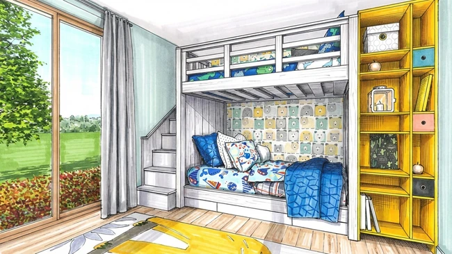 Illustration d'une chambre d'enfant dessiné aux feutre grâce aux effets IA de Cedreo