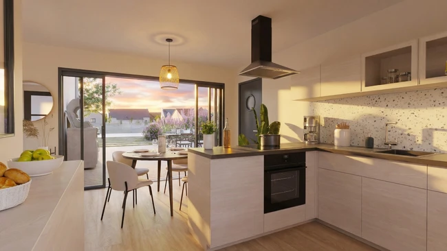 Image d'une cuisine ouverte sur pièce de vie avec ambiance coucher du soleil réaliser avec l'IA de Cedreo