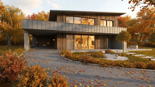 Rendu 3D extérieur d'une maison d'architecte en bardage bois pendant l'automne réaliser avec le logiciel Cedreo et son IA