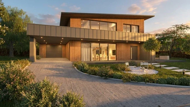 Rendu 3D d'une maison moderne avec bardage en bois sublimé par l'effet IA fin de journée de Cedreo