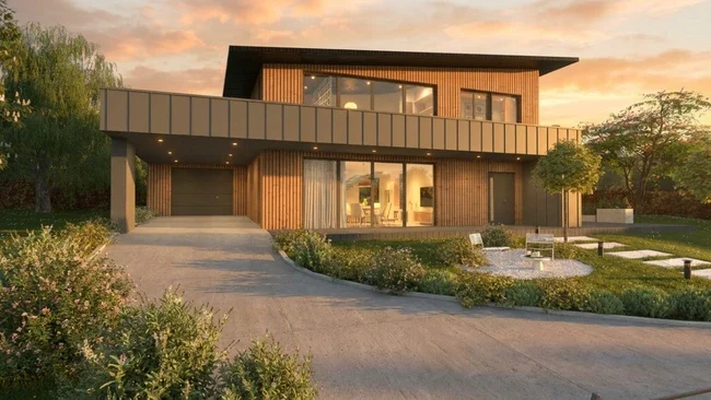 Rendu 3D d'une maison moderne avec bardage en bois sublimé par l'effet IA lever du soleil de Cedreo