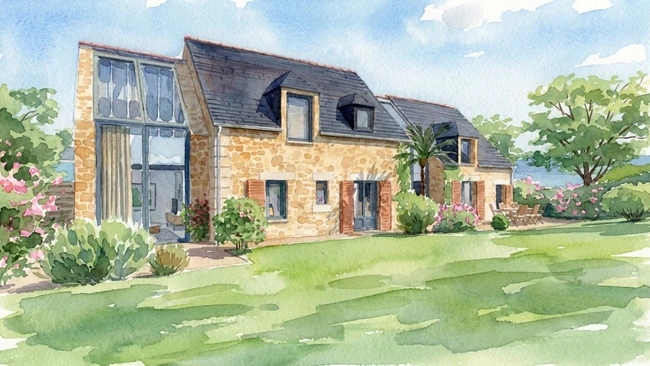 Illustration d'une maison traditionnelle avec un filtre IA Aquarelle réalisé par Cedreo