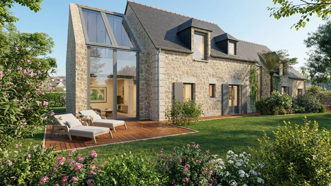 Rendu 3D Avec effets d'une rénovation d'un maison ancienne au printemps réalisé avec le logiciel Cedreo