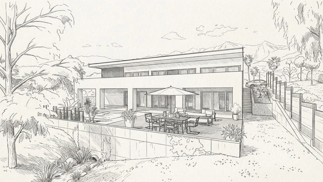 Illustration d'une maison moderne comme un croqui à main levé réaliser avec les effets IA de Cedreo