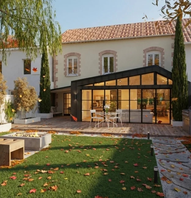 Rendu 3D d'une maison mitoyenne avec extension en véranda sublimé par l'IA Cedreo journée d'automne